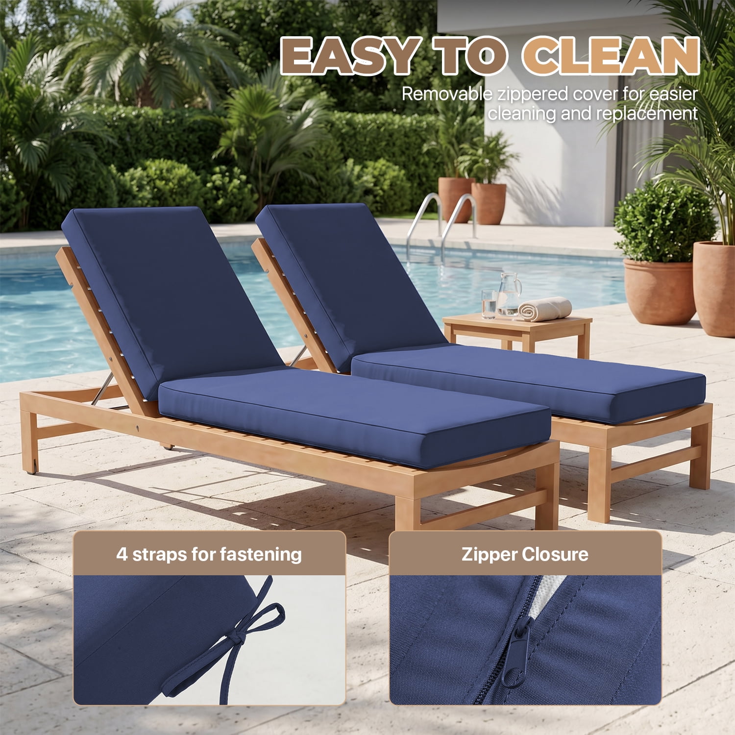 BaPiPro Navy Blue 2 Pack 72x21 Inch All-Weather Waterproof Outdoor Chaise Lounge Cushions, High-Density Foam Patio Pads with Detachable Zipper Covers & Non-Slip Ties for Pool Garden Backyard