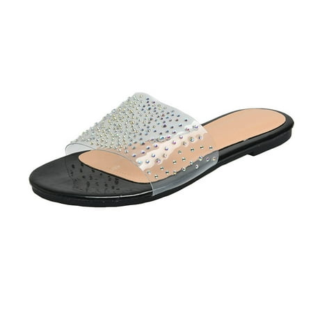 

Borniu Women s Leisure Vacation Open Toe Rhinestone Transparent Upper Flat Beach Slippers