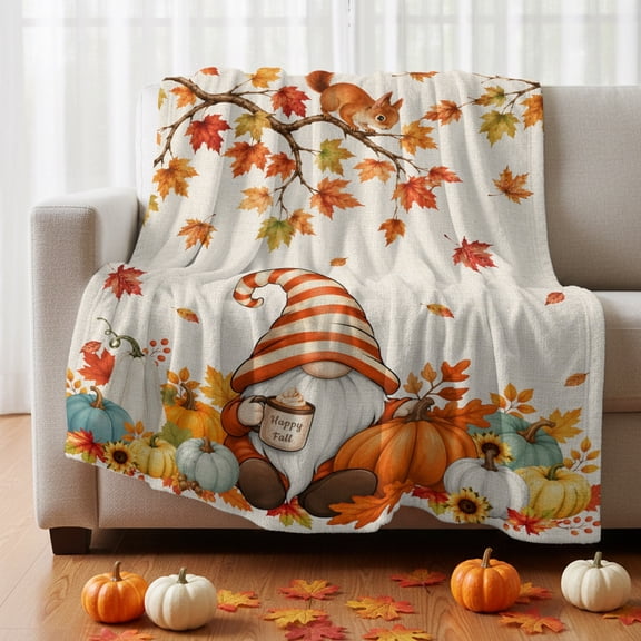 Flannel Fleece Throw Blanket Rustic Gnome Fall Maple Leaf Lightweight Soft Plush Blankets 30x40in, Retro Thanksgiving Pumpkin Squirrel Cozy Warm Throw Blanket for Couch Sofa Bed Car Office