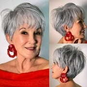 Creamily Grey Short Wigs for Women Layered Short Pixie Cut Wigs with Bangs Synthetic Grey Wigs Wefted Wig Cap