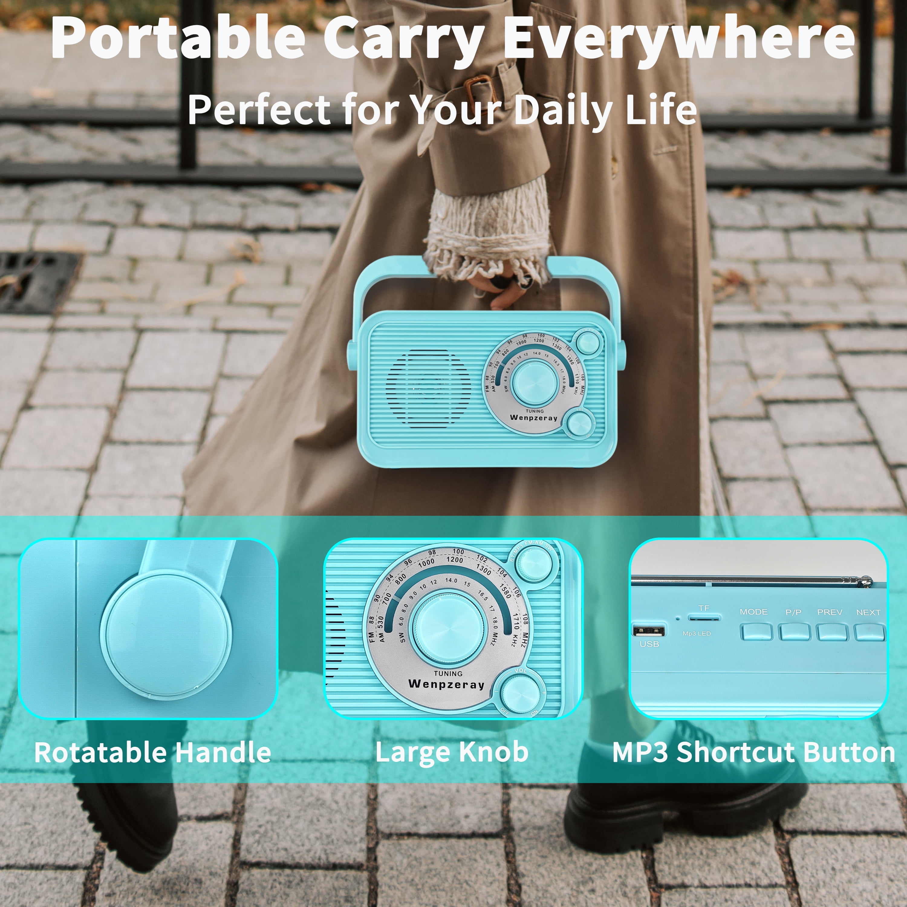 Camping Emergency AM FM Shortwave Radio, DSP Chip Bluetooth Speaker, Type-C Charging Retro Portable Radio Wenpzeray D218 (Blue)