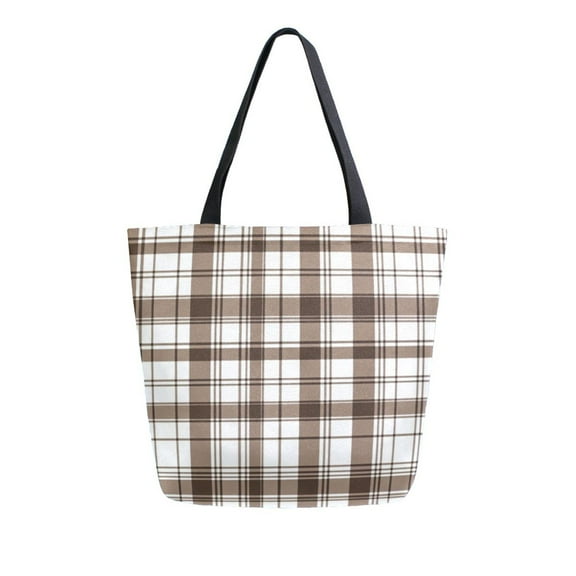 Durable Canvas Tote Bag with Zip Pocket Bags for Woman Shoulder Versatile Carryall for Everyday Use Brown and White Lattice