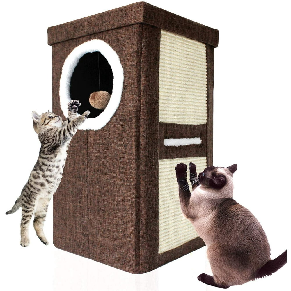 Collapsible 2Level Plush Kitty Cube House, Stylish Cat Condo (Brown