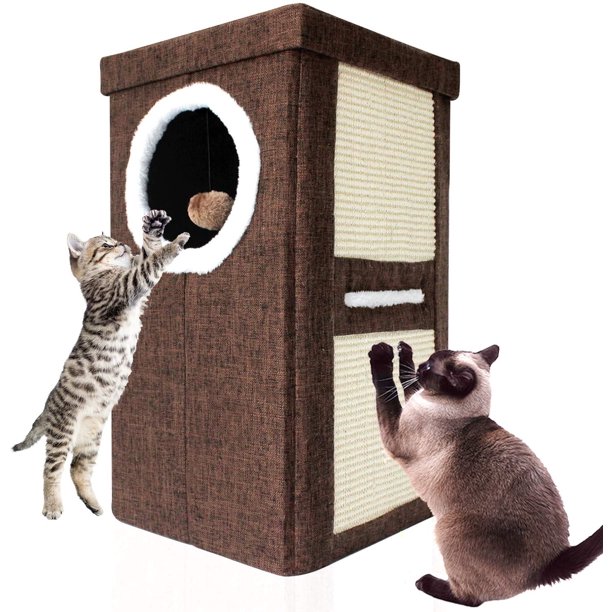 Collapsible 2Level Plush Kitty Cube House, Stylish Cat Condo (Brown