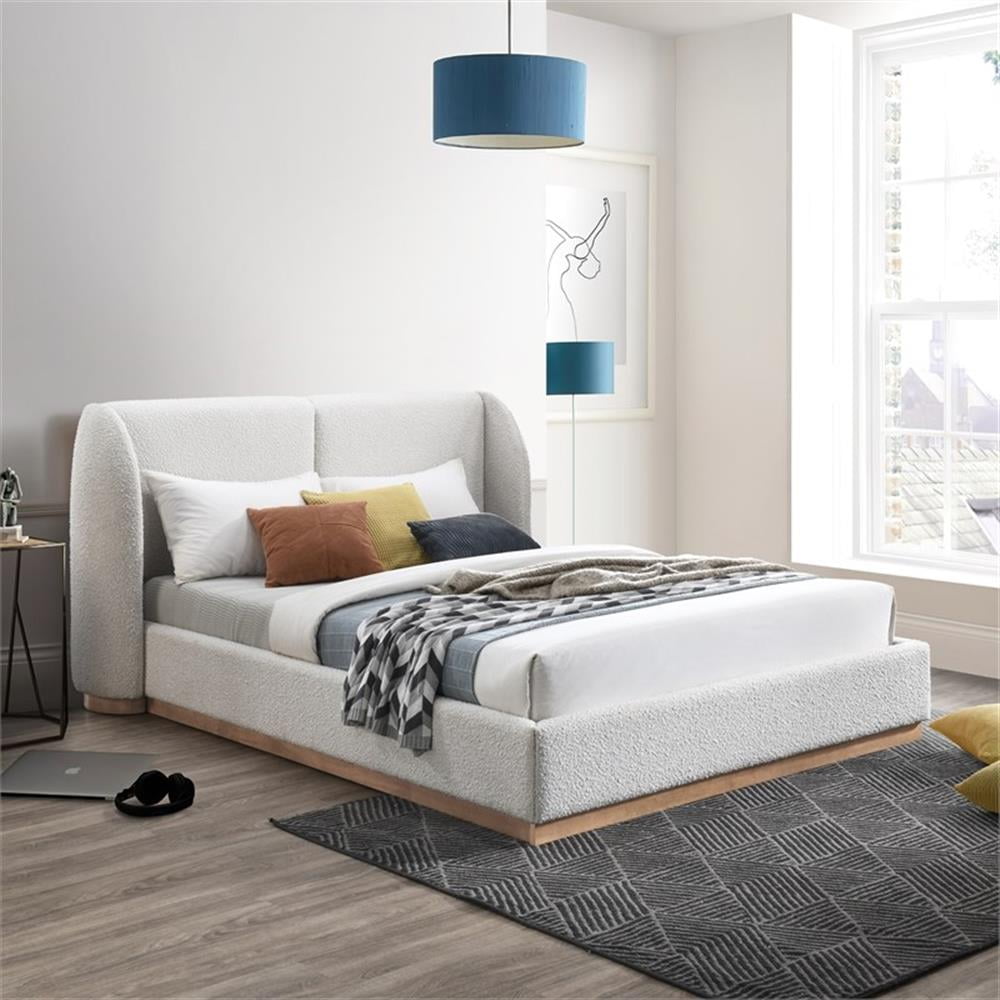 Pemberly Row Contemporary Cream Boucle Fabric Queen Bed in Natural Oak Finish