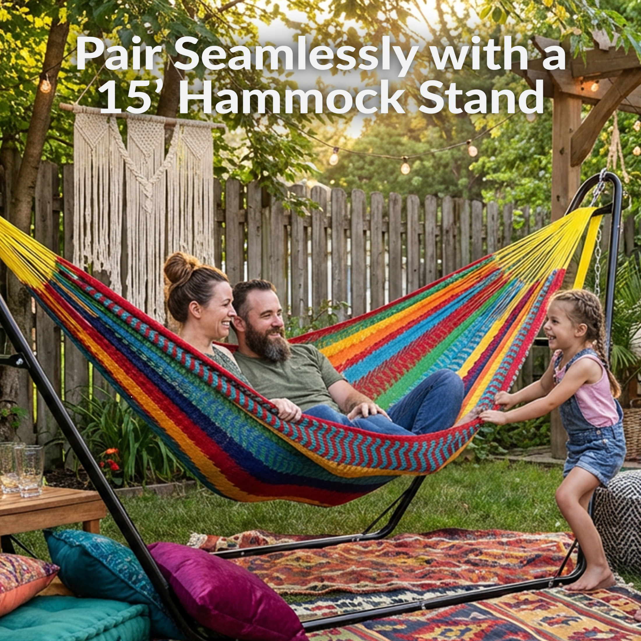 Sunnydaze 2-Person Cotton and Nylon Mayan Family Hammock, 625 lb Capacity - Multicolor