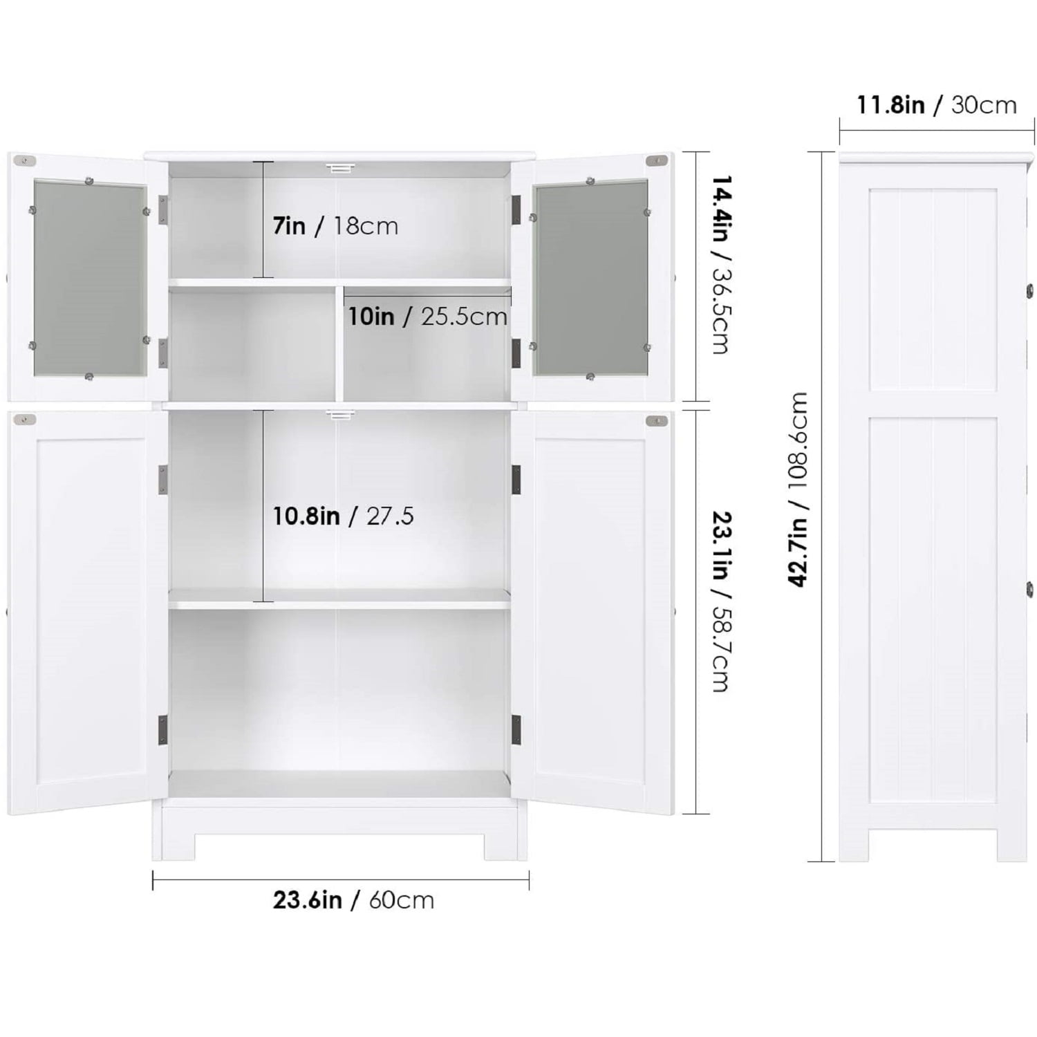 Homfa Bathroom Storage Cabinet, 42.7"H Floor White Wooden Linen Cabinet with Shelves and Doors