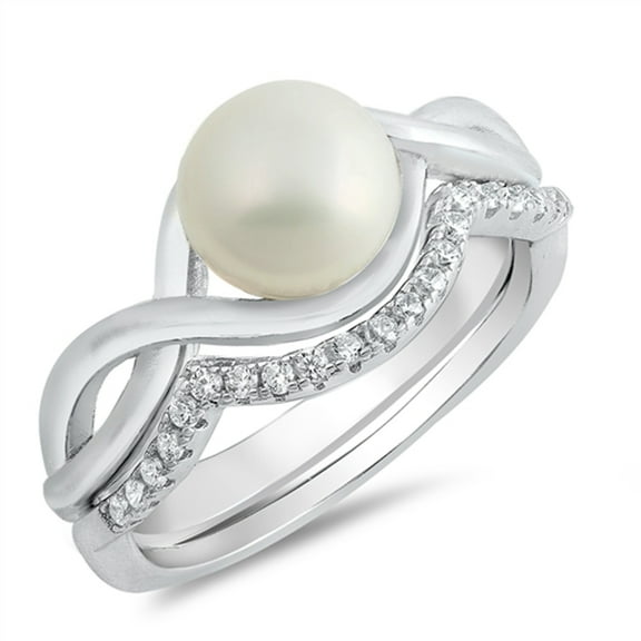 Freshwater Simulated Pearl Infinity Wave Knot Ring Set 925 Sterling Silver Band White CZ Female Size 5