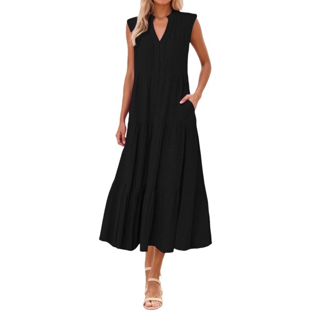 Vestido fluido con cuello en V y corte en A para mujer - Ligero, ideal para la playa o el brunch, poliéster y spandex, tallas S-XXXL