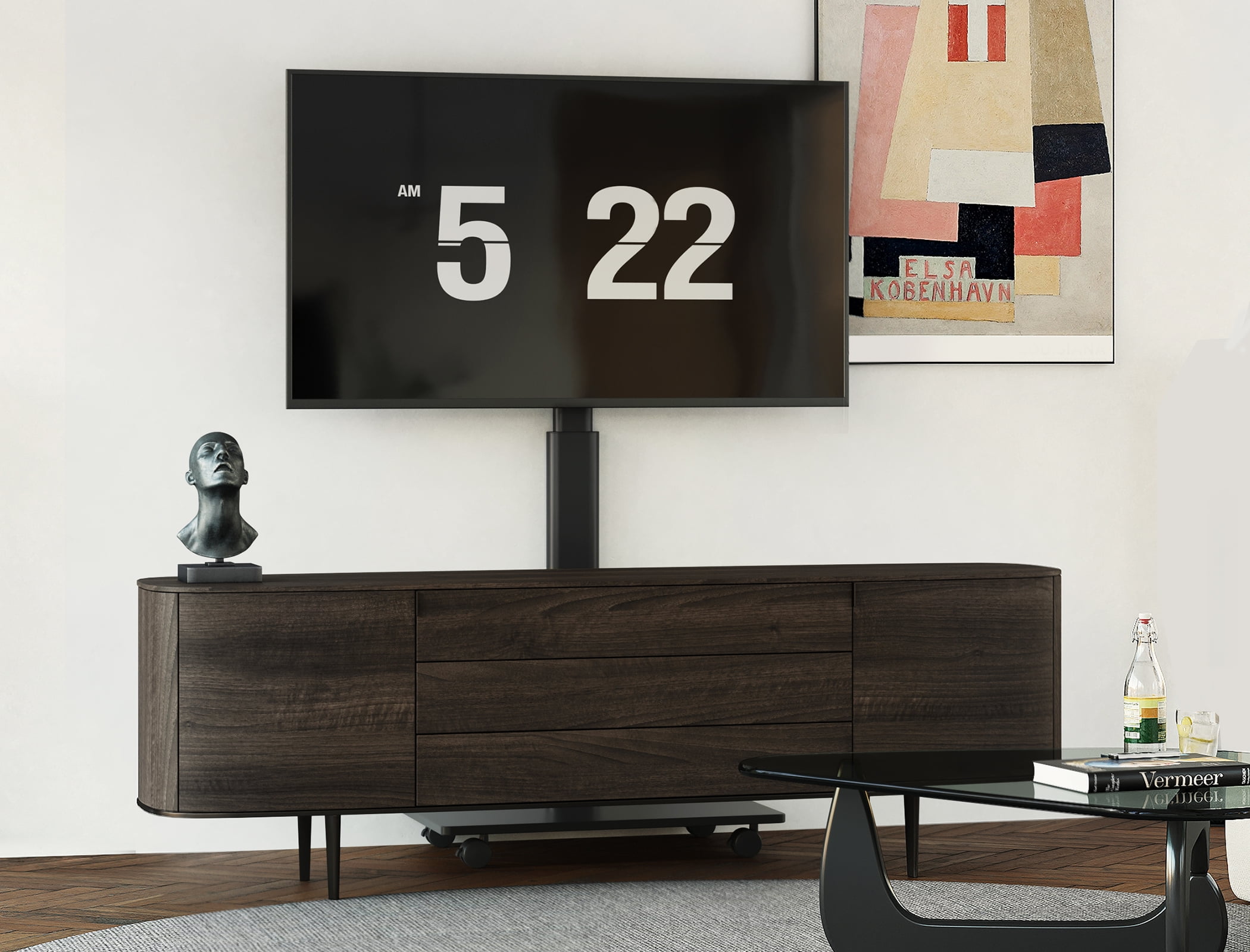 FITUEYES  Swivel Modern Rolling TV Stand Mobile TV Cart with Wheels Holds up to 65 inch TV,with Tempered Glass Base and Safety Hooks