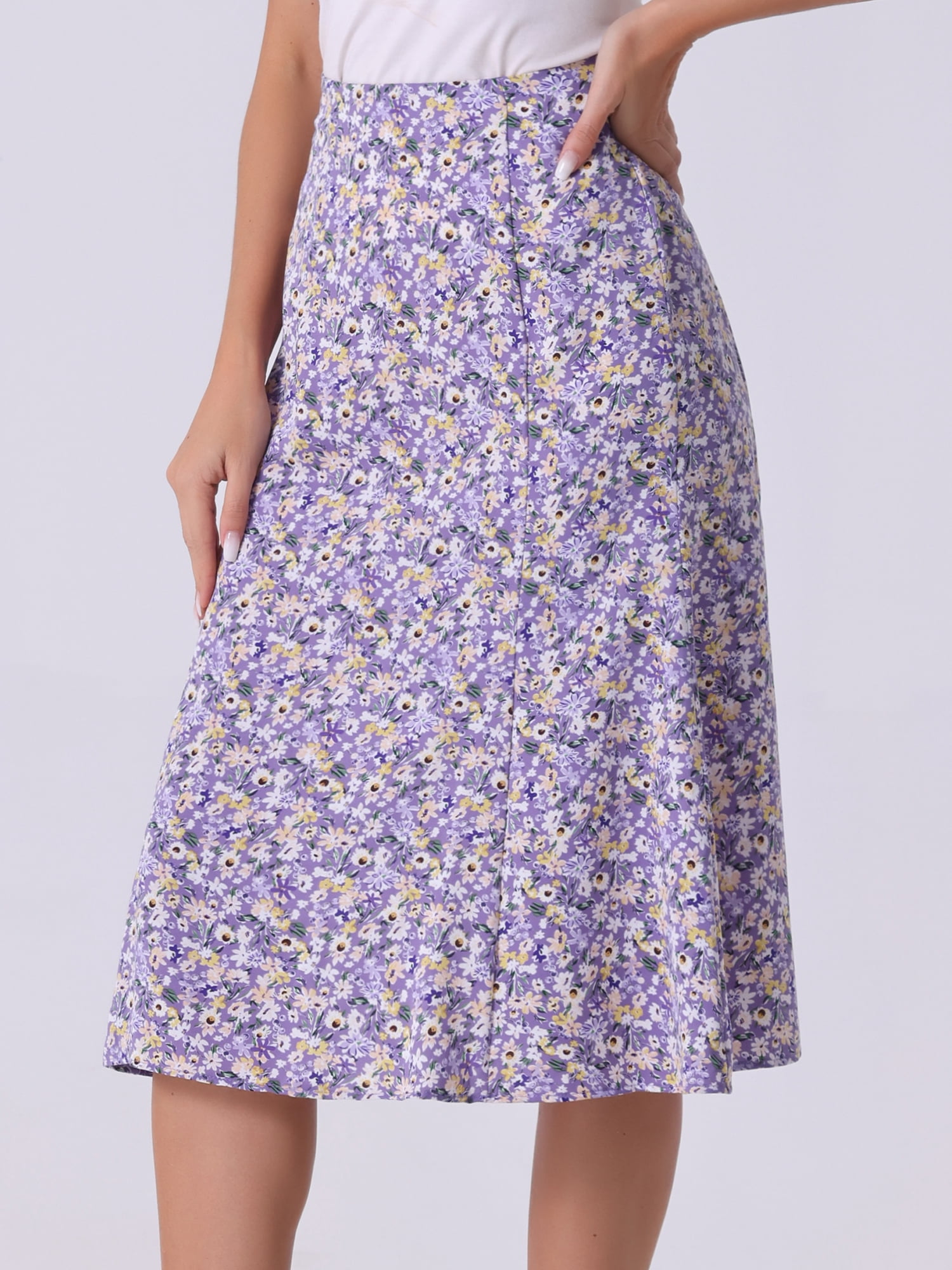 DARING DIVA Women's Elastic Waist A-Line Floral Print Midi Skirt L Purple