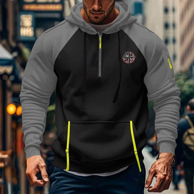 Sudadera con capucha para hombre, con bloques de color, bordado, bolsillo, media cremallera, cordón ajustable, informal, deportiva, manga larga, sudadera con capucha, blusa de poliéster para hombre