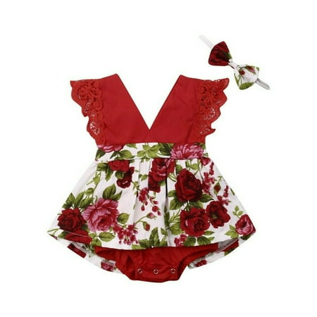 

2Pcs Newborn Baby Girl Floral Romper Bodysuit Headband Outfits Summer Clothes