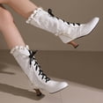 thumbnail image 3 of Victorian Boots for Women Vintage Ruffles Goth Mid Calf Booties Mid Heels Lace up Halloween Witch Dance Shoes, 3 of 8