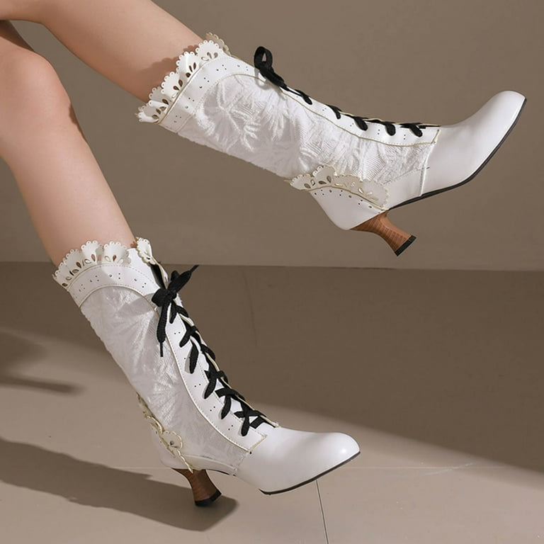 White Lace Up Stiletto Sock Boots Juosiy Boots For Women Vintage