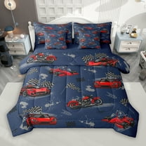 Manfei Blue Red Racing Car 7-Piece Twin Bedding Sets for Boys, Cartoon Motorcycle Bedding Comforter Set, Modern Checkered Flag Reversible Sheet Sets, Microfiber Bedroom Decor