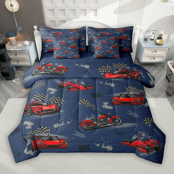 Manfei Blue Red Racing Car 7-Piece Twin Bedding Sets for Boys, Cartoon Motorcycle Bedding Comforter Set, Modern Checkered Flag Reversible Sheet Sets, Microfiber Bedroom Decor