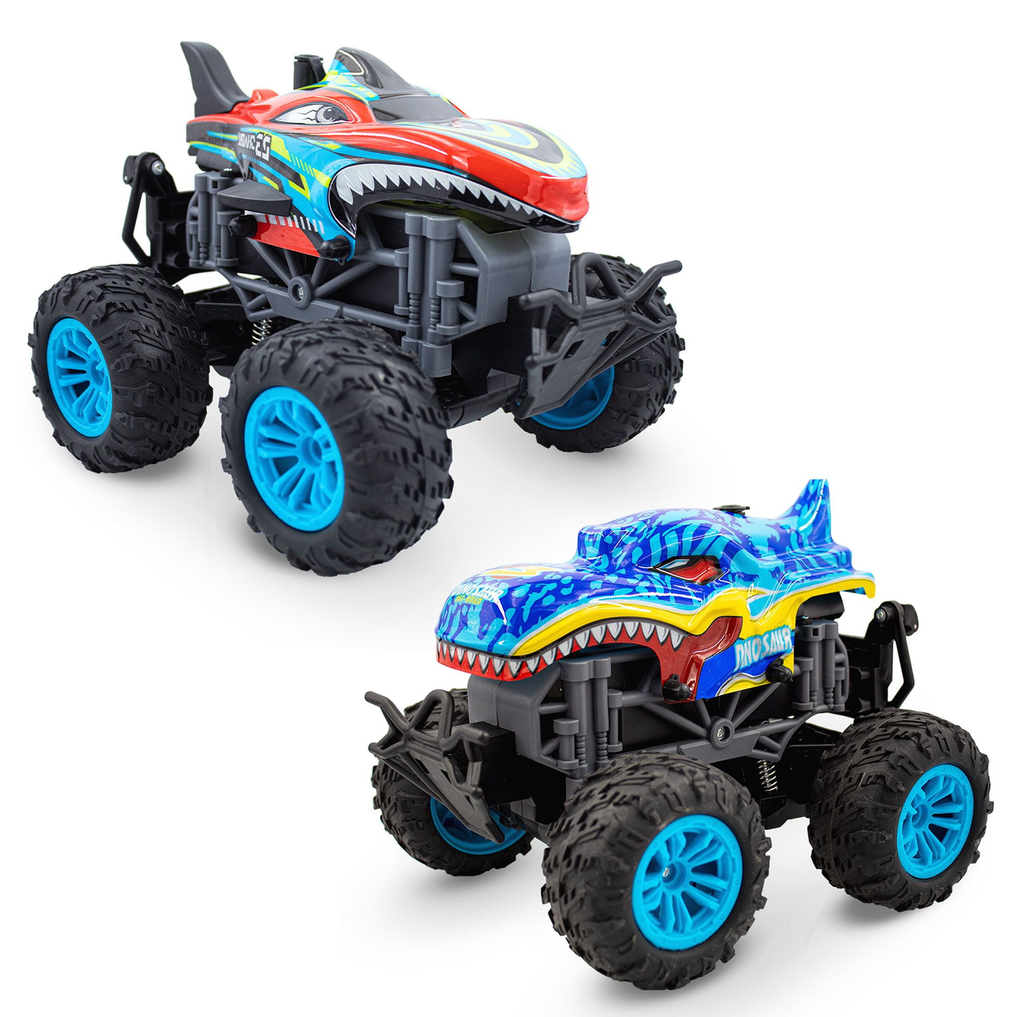 Family Smiles Kids RC Teal Dinosaur Teal Shark Monster Truck 2 Pack Toy