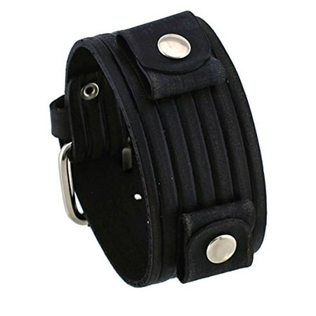 Leather Cuff Band - VEB-K Groove Pattern Wide Black Leather Cuff Wrist Watch Band