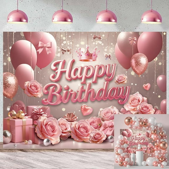Rose Gold Happy Birthday Backdrop Glitter Pink Flower Balloons Birthday Photography Background for Women Girls Crown Rose Birthday Party Decorations Supplies Photos Props
