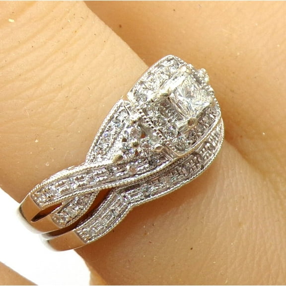 Dazzlingdaimonds Jewels 2.00 Ctw Princess Cut White Diamond Wedding Anniversary Engagement Bridal Set Ring 14K White Gold Plated 925 Sterling Silver 925 Sterling Silver -5.5