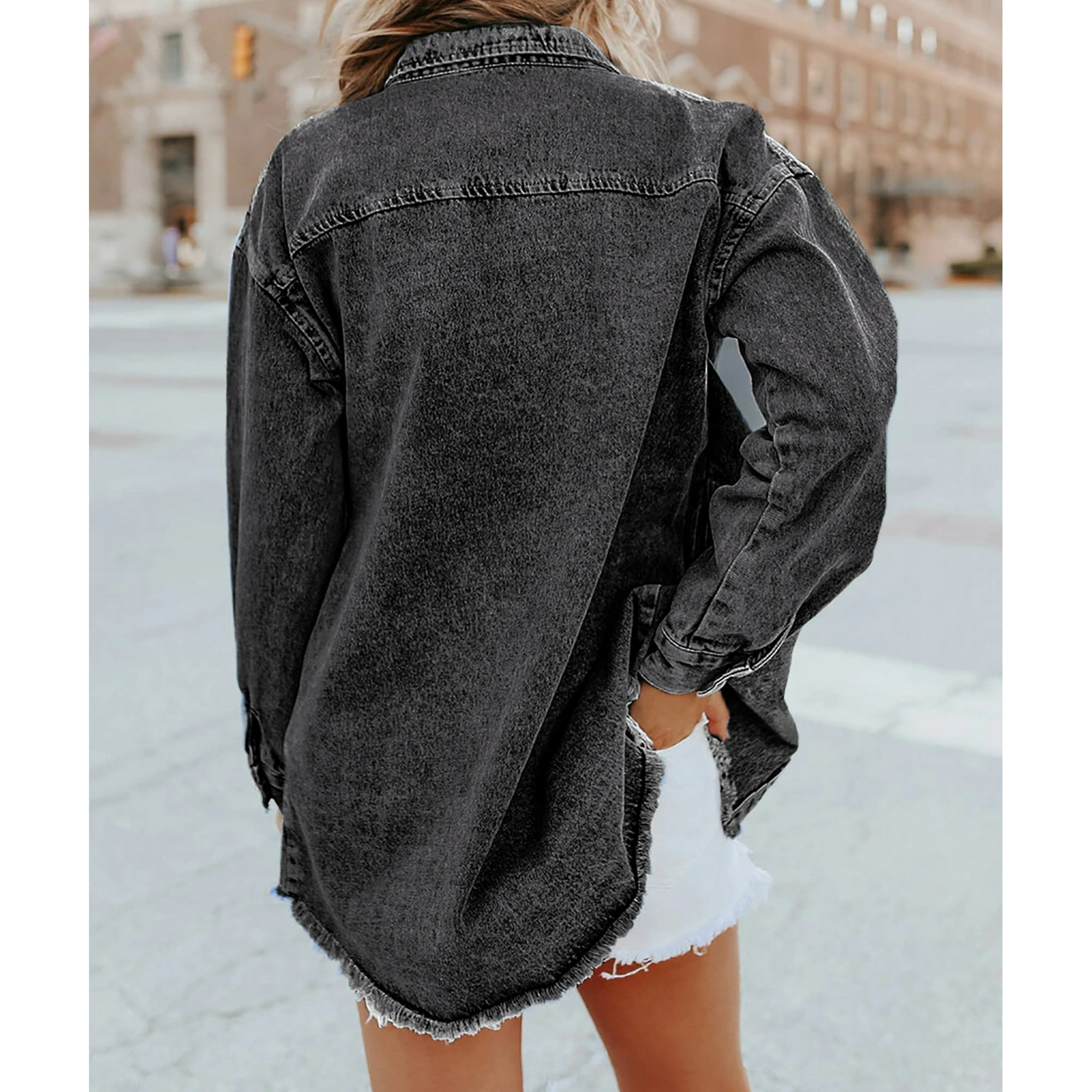 Women s Black Pocket Raw Hem Buttoned Denim Jacket