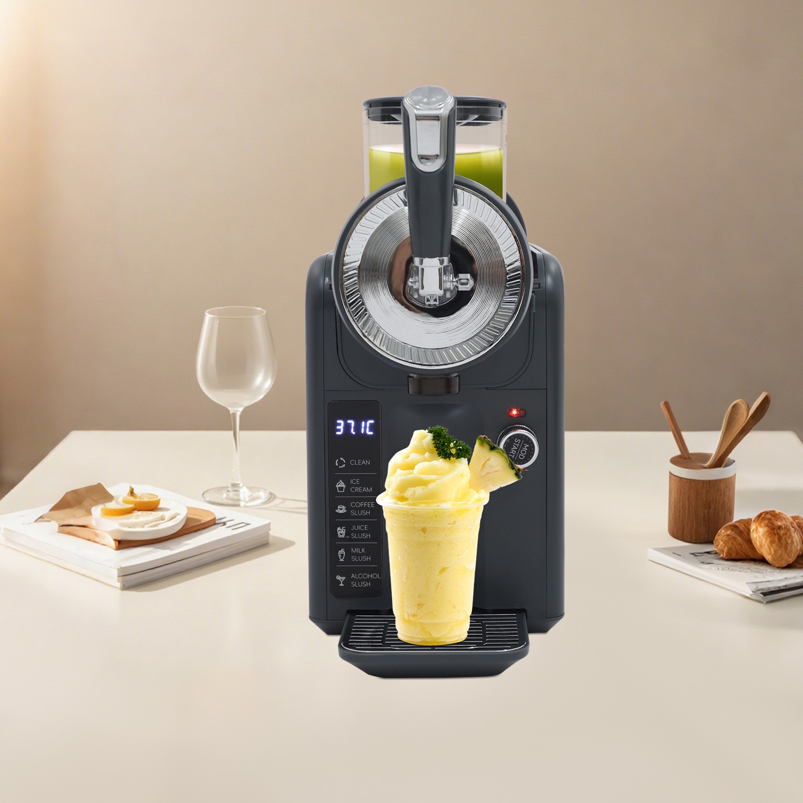 Slushie Machine, Automatic Frozen Drink Maker with 6 Modes for Slush, Ice Cream, Smoothies, Cocktails, 185W Motor, LED Display, Self-Cleaning, Includes Ice Cream Molds, Gray, 110V