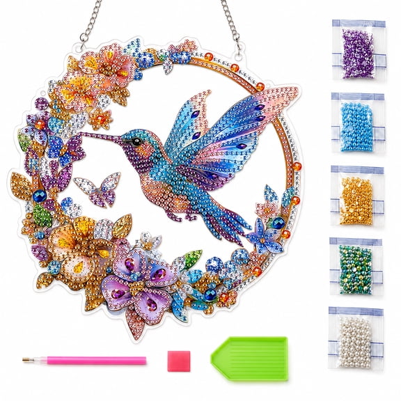 EHXS Hummingbird Garden Diamond Painting Kit for Adults, DIY Pearl Diamond Art Hanging Ornament Craft Kit with Tools, 9.84 in