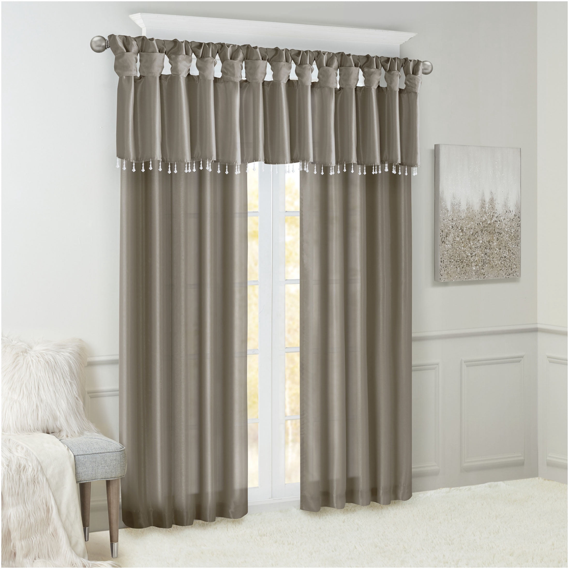 JERFIT Elegant Faux Silk Window Valance with Beaded Trim, Tab Top Treatment for 50 Inch Rod, Lightweight & Lined for Privacy, Pewter 50"W x 26"L