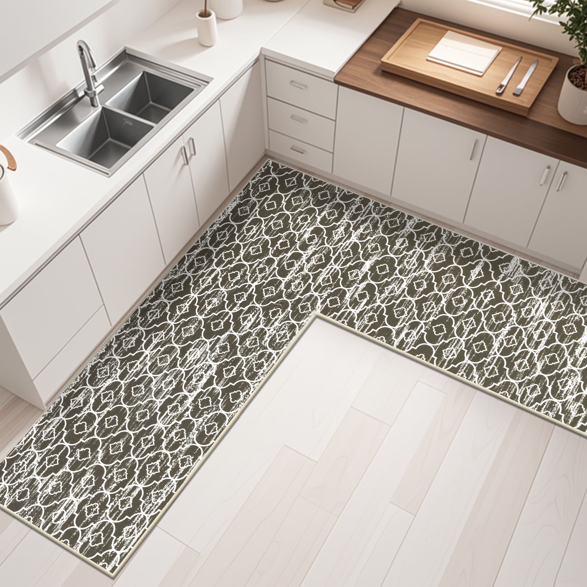 MeyJey Corner Kitchen Rug, 1 Piece Anti-Slip L Shape Kitchen Mat for Floor, Absorbent Runner in Front of Sink, Washable Floor Rugs for Home,Kitchen(Brown-L,24”x 71”x 71”)