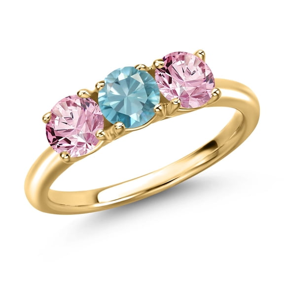 Gem Stone King 18K Yellow Gold Plated Silver Blue Zircon and Pink Lab Grown Diamond Engagement Ring for Women | 1.85 Cttw | Round 5MM | Gemstone Birthstone | Size 6