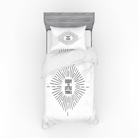 Enjoy the Little Things Duvet Cover Set, Tribal Design with Starburst Lines and Helpful Words, Bedding Set with Shams and Fitted Sheet, 3 Sizes, by Ambesonne
