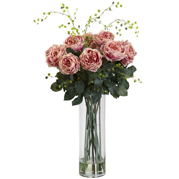 Nearly Natural Giant Fancy Rose & Willow Artificial Arrangement, Pink