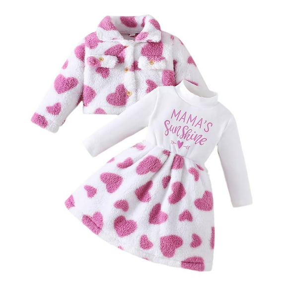 TEDOYE Girls Winter Outfits 2PCS Sets Lined Dress With Lapel Jacket Cute Heart Print Long Sleeve Warm Outfits For Toddler Kids Casual Party Wear Leisure Wear, 5-6 Years