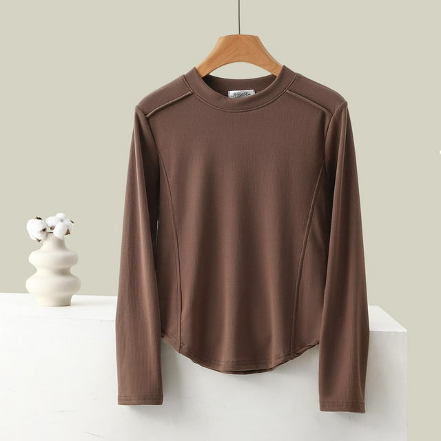 Fankiway Chemises à Manches Longues pour Femmes, sous-Vêtement Thermique en Polaire Colorée à Col Rond, Café L
