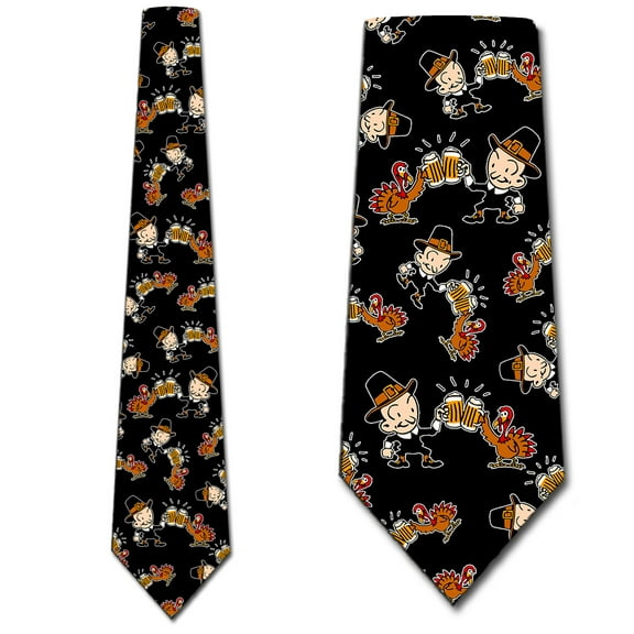 Thanksgiving Pilgrim and Turkey Cheers Ties Mens Holiday Neck Tie by Three Rooker