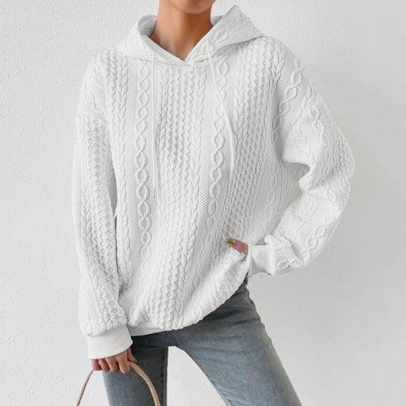 White Womens Tops Women's Textured Long Sleeve Drop Shoulder Drawstring Pullover Solid Hoodie Fall Outfits for Women 2025