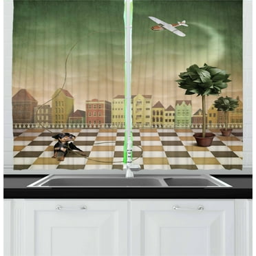 Mural Curtains 2 Panels Set, Computer Graphic Design of Puppy Staring at a Toy Plane on Checkered Patterned Ground, Window Drapes for Living Room Bedroom, 55W X 39L Inches, Multicolor, by Ambesonne