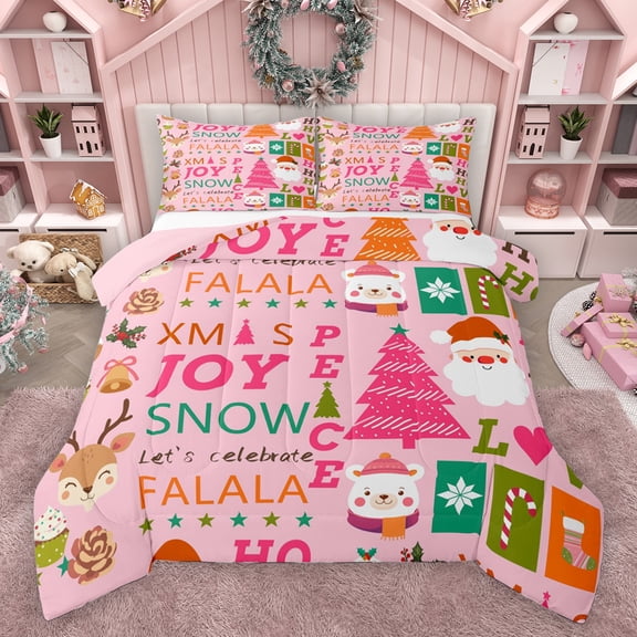 Homewish Magic Santa Claus Bedding Comforter Set, Girly Pink Xmas Tree Twin Comforter Sets, Kawaii Christmas Cartoon Reversible Bedding Set, Super Cozy Room Decor, 2-Piece
