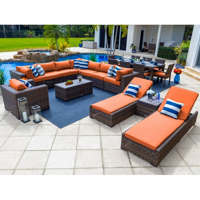 Tuscany 21-Piece Resin Wicker Outdoor Patio Furniture Combination Set with Sectional Set, Eight-seat Dining Set, and Chaise Lounge Set (Half-Round Brown Wicker, Sunbrella Canvas Tuscan)