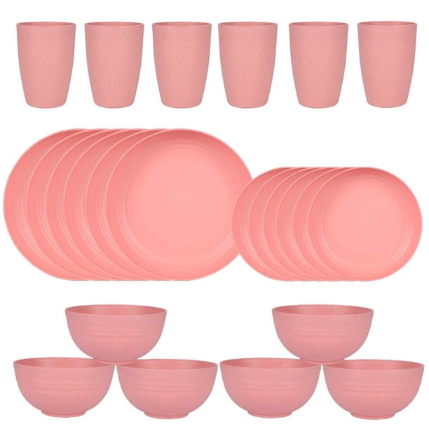Nvzi 24pcs Wheat Straw Dinnerware Set,Plates and Bowls Set,Camping Dish Set for 6, Plastic Dinnerware Set,Dishwasher Safe Dinnerware Set,Pink