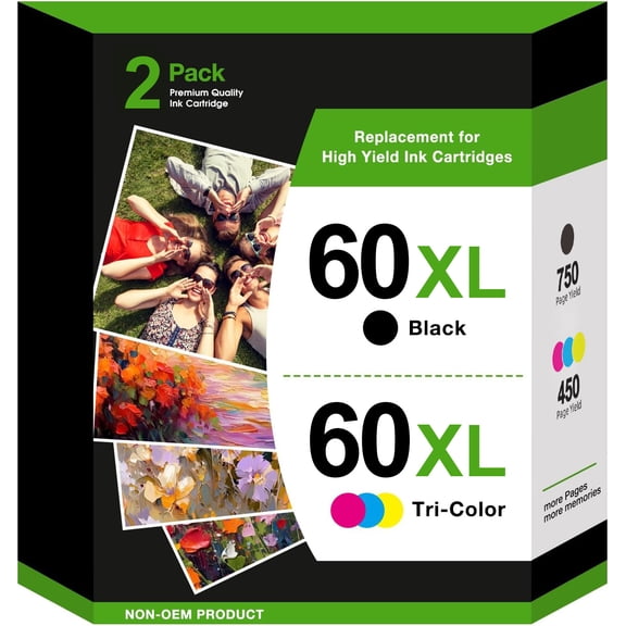 60XL Ink Cartridges Compatible for 60 Ink cartridge Combo Pack with Ink 60 Envy 100 110 120 Deskjet D2530 D2545 F2430 F4440(1 Black, 1 Tri-Color)