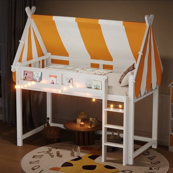 Bellemave Twin Size Low Loft Bed with Canopy,House Shaped Loft Bed with LED Lights & Bookshelves,Junior Loft Bed with Tent & Storage Shelves, No Box Spring Needed(White)