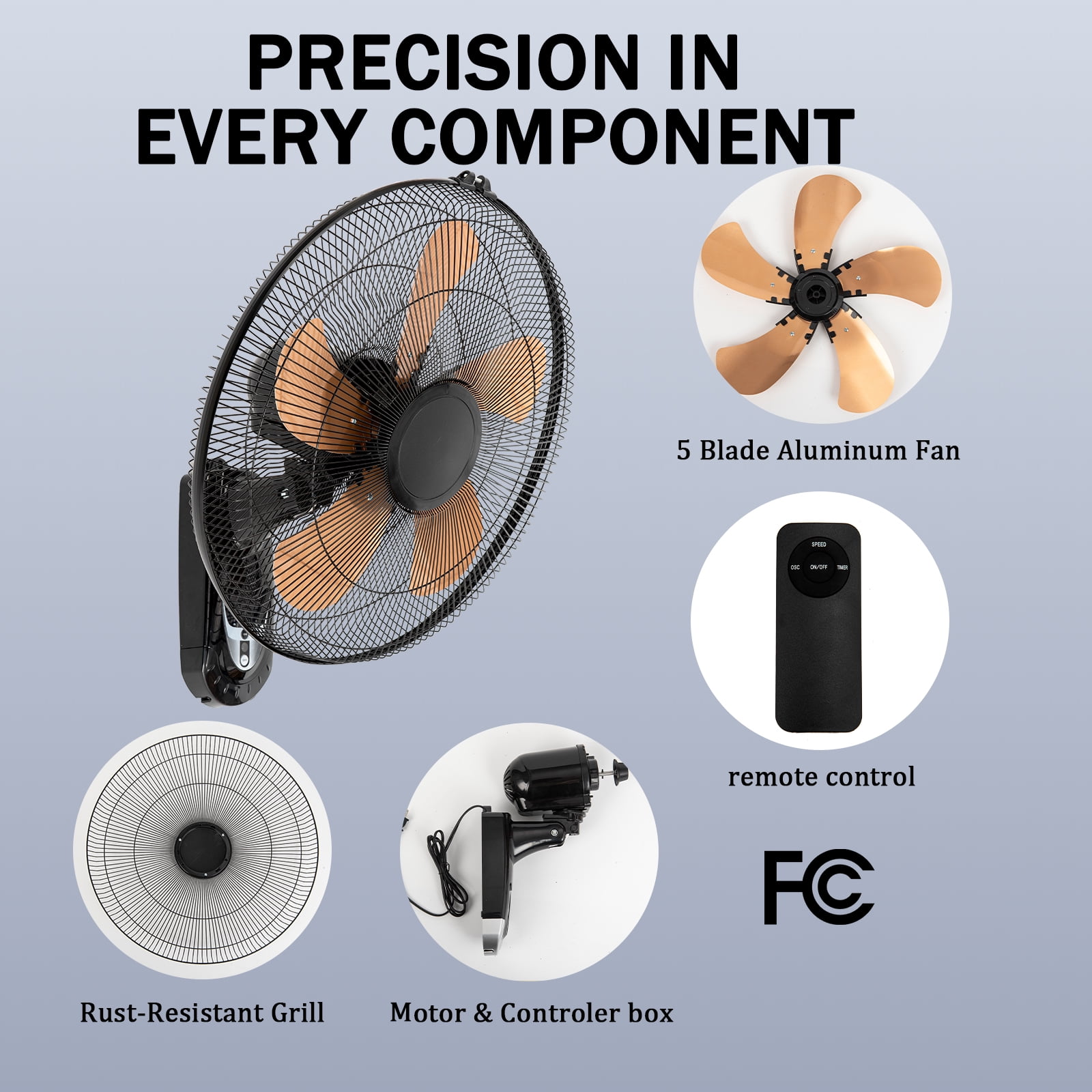 Wall Mount Fan 20 Inch with Remote, 3-speed Wall Oscillating Quiet Fan with 5 Metal Blades, Adjustable Tilt and Timing, High Velocity Fans for Bedroom, Gym, Office, Warehouse, Garage, Gold