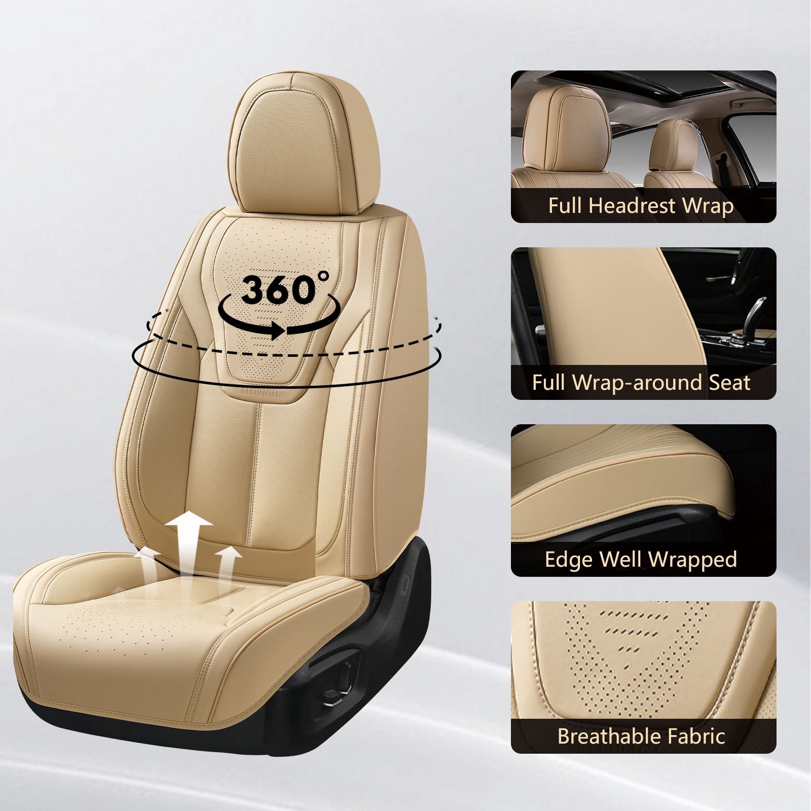 FLORICH Front Car Seat Covers, Luxury Faux Leather Seat Protectors, Automotive Seat Cushions Universal Fit for Most Cars Trucks SUV, Beige