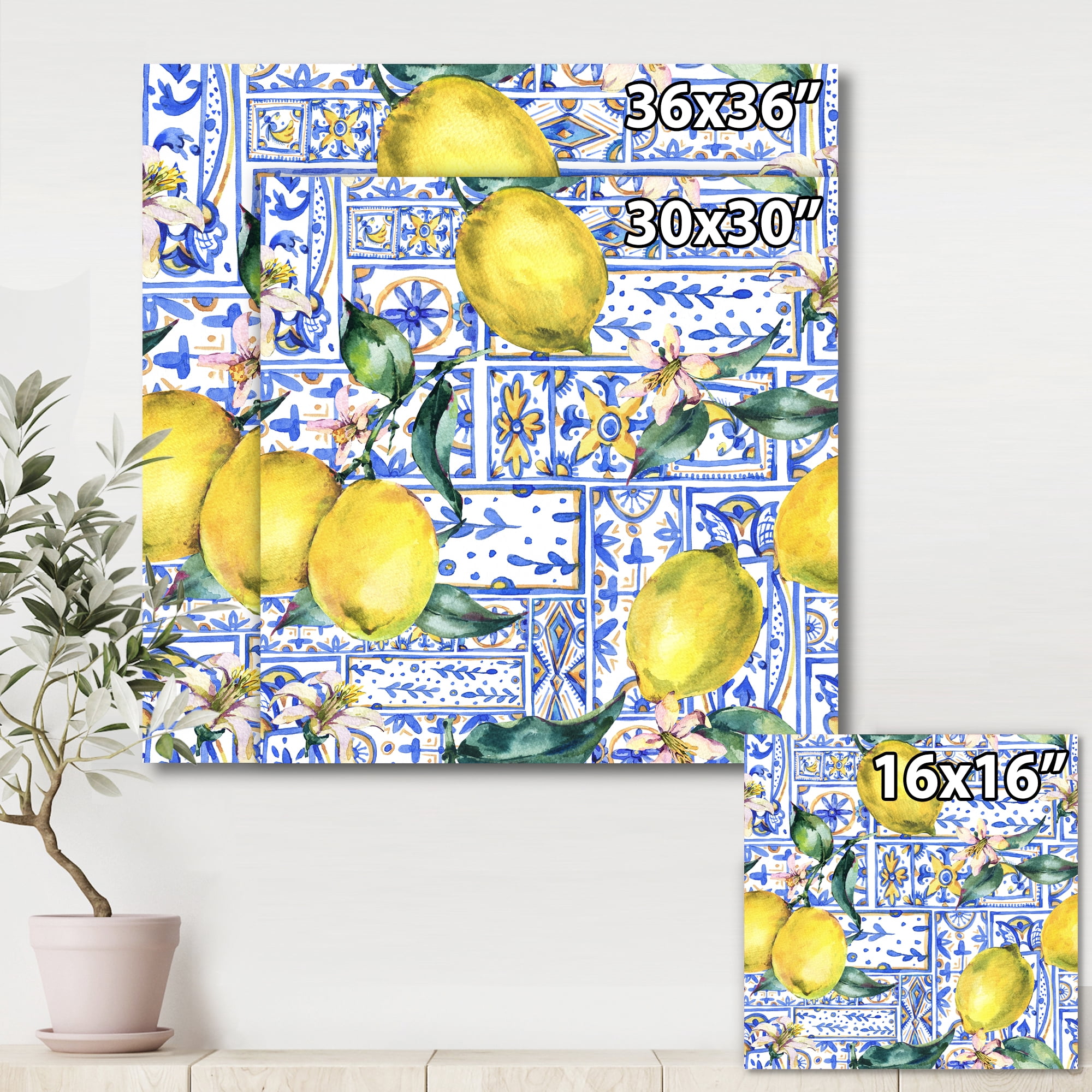 Designart ' Geometrical Pattern of Lemon Ornament On Blue I ' Tropical Canvas Wall Art Print