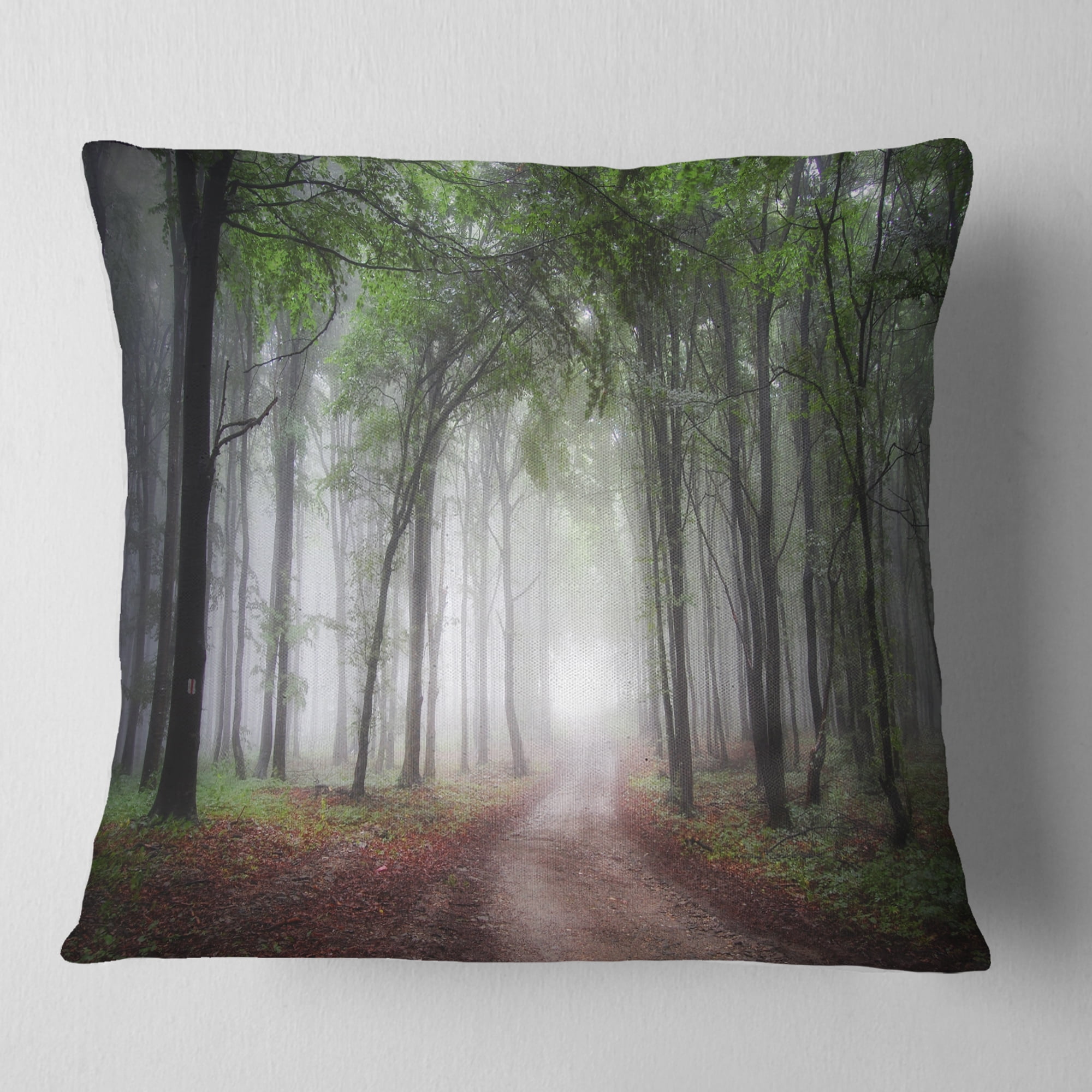 Designart Light Through Green Fall Forest - Landscape Photography Throw Pillow - 18x18