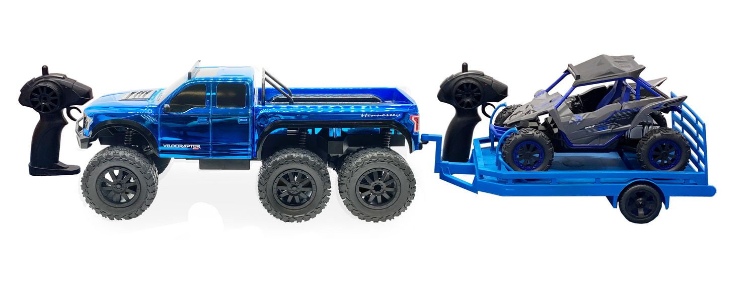 Combinaison de camion Ford Velociraptor téléguidé à échelle 1:10 avec véhicule côte à côte Yamaha YXZ à échelle 1:18, 2 télécommandes comprises