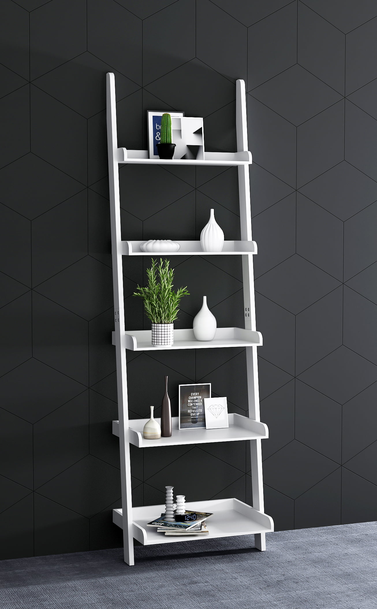 5 Tier Leaning Wall Bookcase Shelf In White