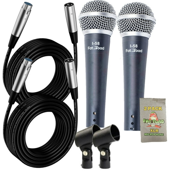 Vocal Microphones with XLR Mic Cables & Clips (2 Pack) Fat Toad Cardioid Dynamic Handheld for Home Studio Recording Package, Live Stage Singing, Adult DJ Karaoke Pro Audio Mic Cords, 3-Pin Wire